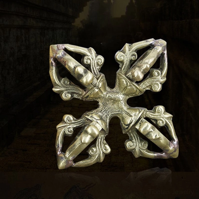 Tibetan double dorje vajra spiritual artifact showcasing natural patina, intricate prong details, and traditional Himalayan ritual design
