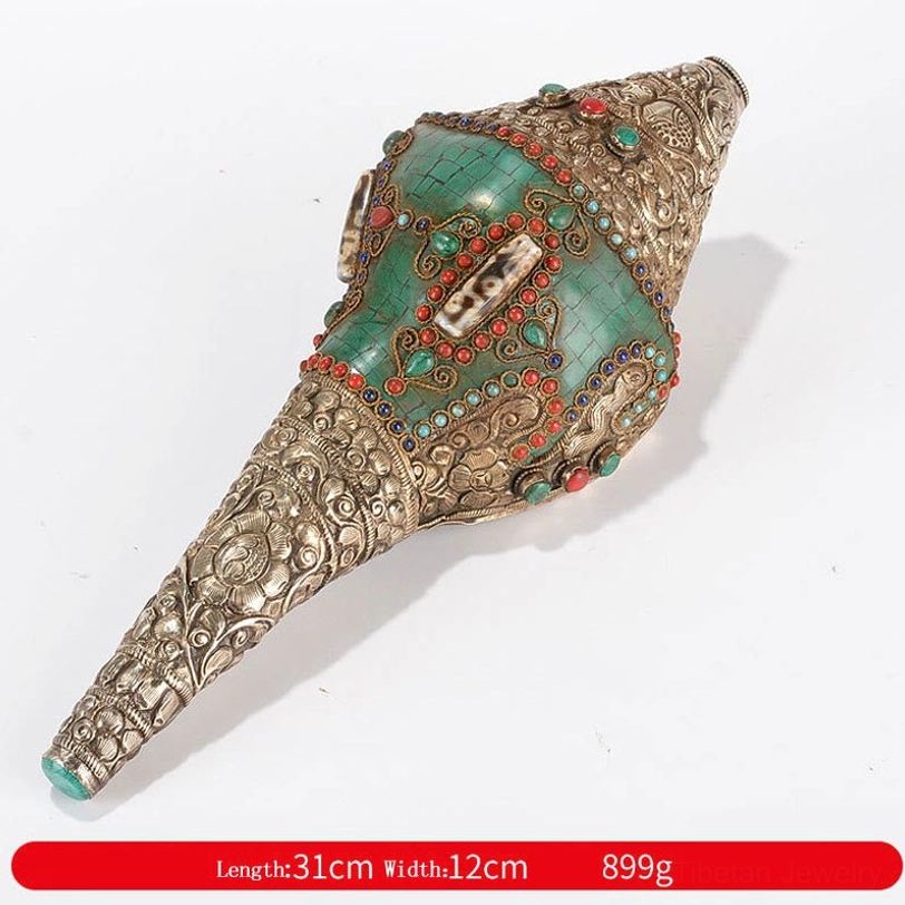 Tibetan Double Dorje Vajra Shankha conch spiritual symbol with turquoise and copper inlay