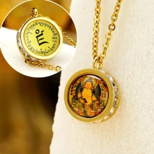 Double-sided Tibetan Buddhist pendant necklace with Yellow God of Wealth front design and sacred mantra back - titanium steel with crystal accents