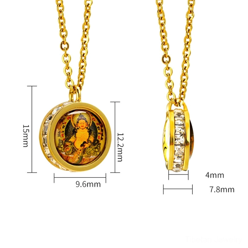 Tibetan double-sided Buddhist pendant necklace showing reversal design with Buddha deity on front and sacred mantra on back