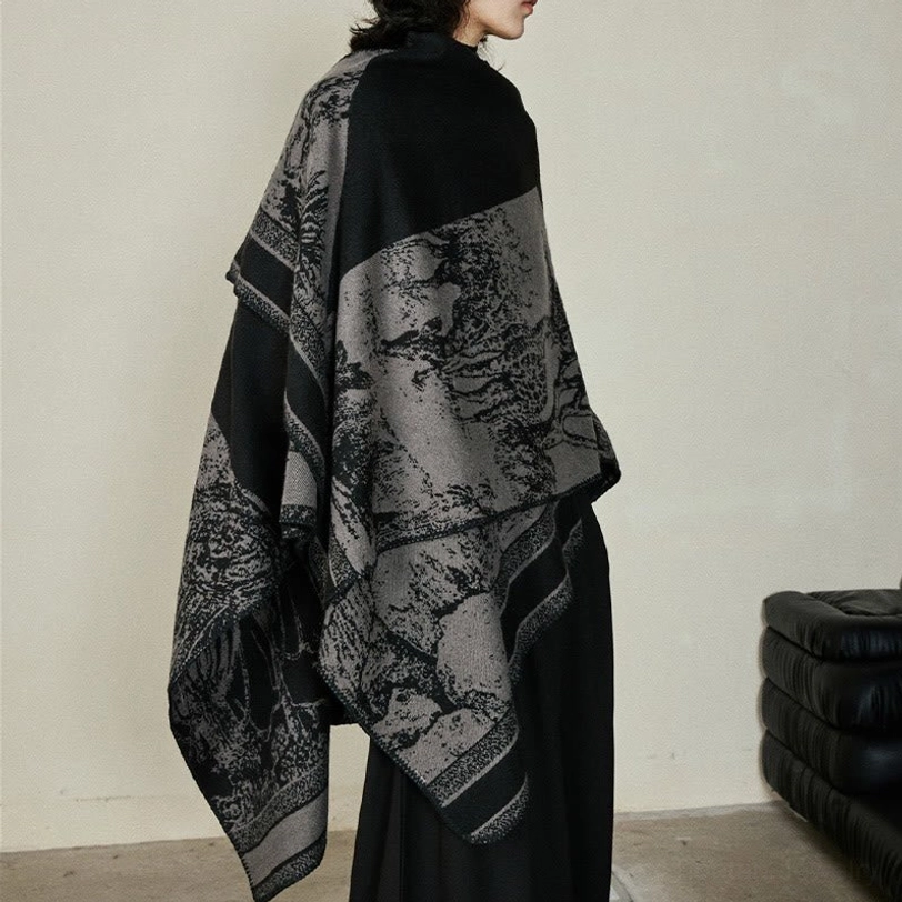 Tibetan double-sided shawl wrap featuring sika deer and nature-inspired jacquard