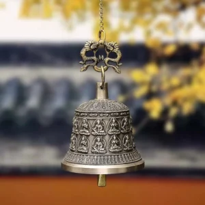 Tibetan dragon buddha wind chime bell copper hanging full front view with antique bronze finish