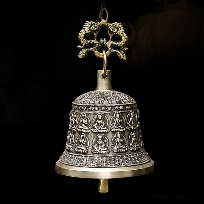 Complete Tibetan dragon buddha wind chime bell hanging decor with embossed patterns and dragon suspension