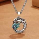 Tibetan dragon copper necklace with silver wheat chain and teal enamel accent - top view close-up detail