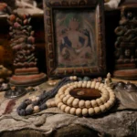 108 Abelia Biflora mala beads bracelet cream barrel beads with dark tassel and wooden charm