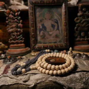 108 Abelia Biflora mala beads bracelet cream barrel beads with dark tassel and wooden charm