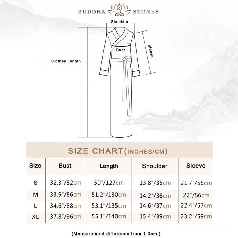 Tibetan chuba dress size chart and technical specification sheet showing measurements in inches and centimeters, fabric composition, and fit guide