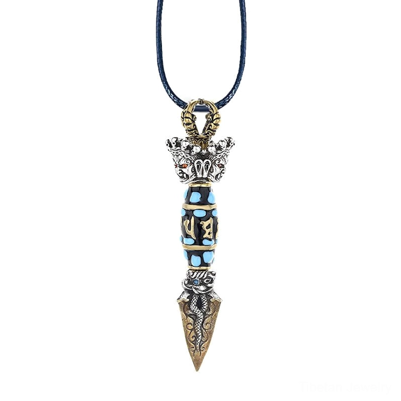 Tibetan Dzi Bead Rotatable Pendant Necklace with keel chain option, displaying antique Tibetan Buddhist ritual pendant with nine-eye protection symbol