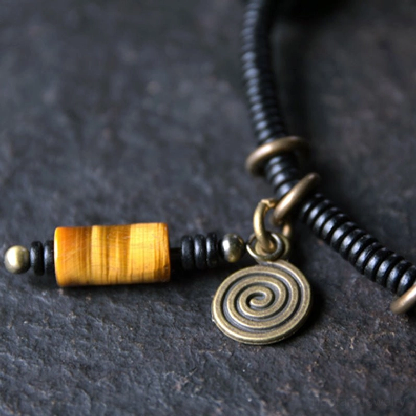 Tibetan ebony wood Dzi bead copper bracelet with size variation options 15cm 16cm 17cm 18cm