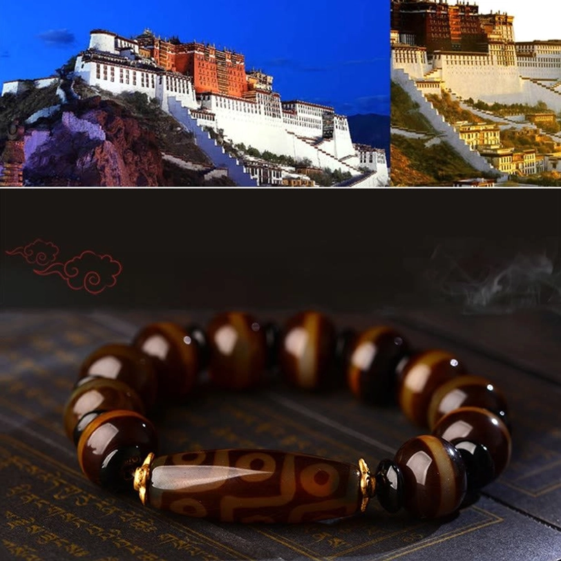 Tibetan nine-eye dzi agate bracelet for wealth prosperity and spiritual protection with premium elastic cord and gold tone spacers