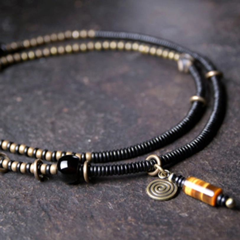 Complete Tibetan ebony wood Dzi bead bracelet necklace set with layered strands and matching protective pendant