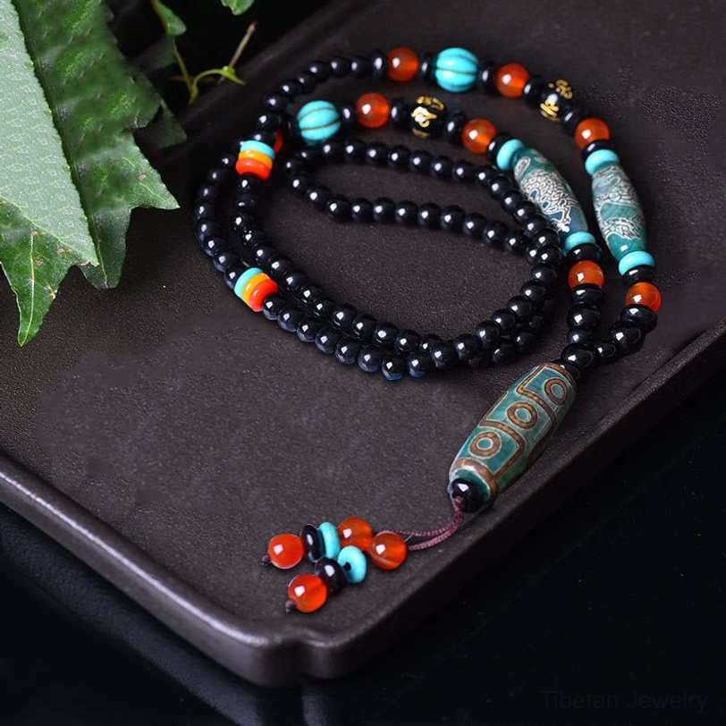 Authentic Tibetan Nine-Eye Dzi Bead Necklace full strand with mixed tone beads and tassel charm