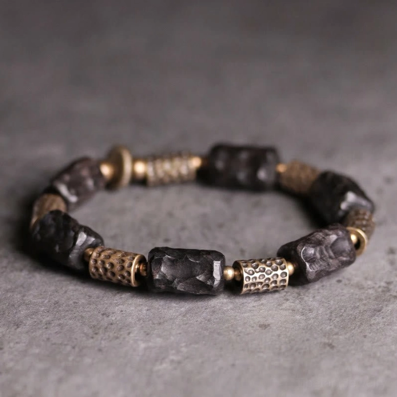 Tibetan ebony wood copper bracelet with brass tubes style variant showing decorative spacer detailing and protective design