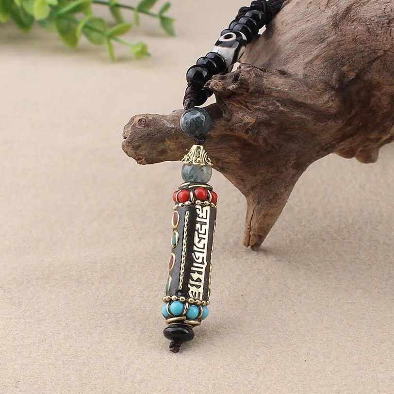 Tibetan Om Mani Padme Hum necklace with eco-friendly natural materials and spiritual significance