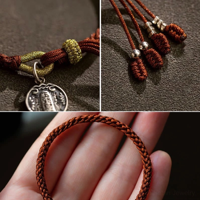 Tibetan buddhist prosperity bracelet with eight-strand braided red cord, sterling silver five directions wealth god charm