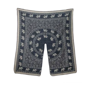 Dark navy blue Tibetan jacquard shawl flat lay showing elephant border and circular central motifs