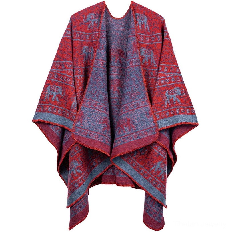 Red Tibetan elephant jacquard shawl with burgundy and geometric patterns, protective symbol wrap