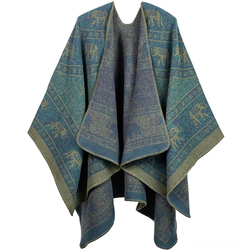 Dark cyan teal Tibetan elephant jacquard poncho scarf with geometry patterns, front display