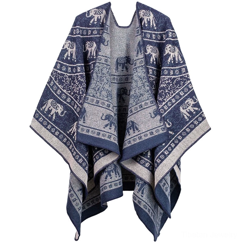 Navy blue and light grey Tibetan elephant poncho with geometric motifs and split front design