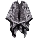 Black and grey Tibetan elephant jacquard shawl with geometric patterns, front display view