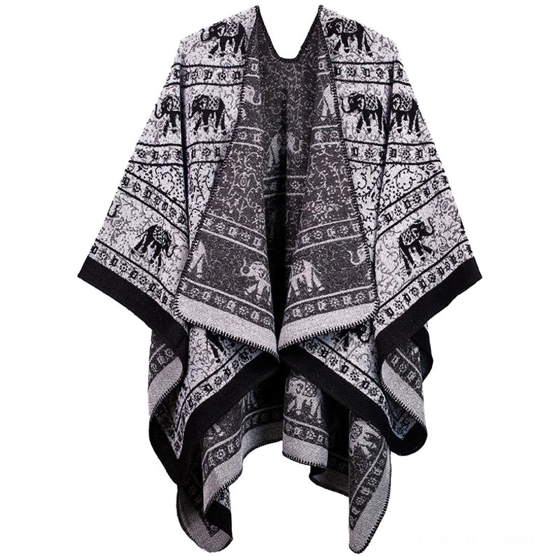 Black and grey Tibetan elephant jacquard shawl with geometric patterns, front display view