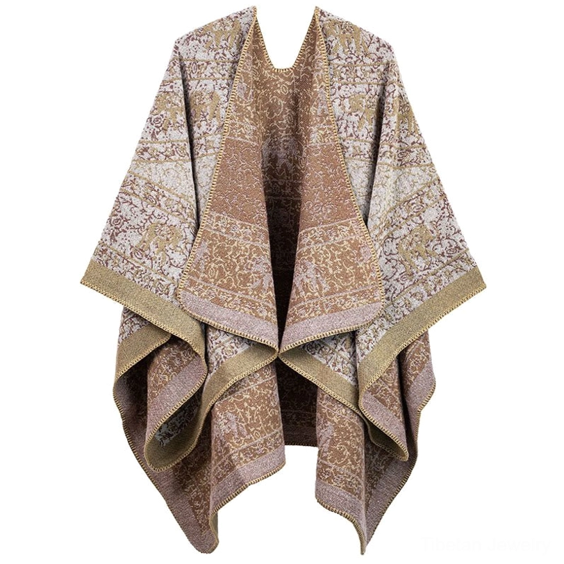 Two-tone light brown and tan Tibetan jacquard shawl with classic elephant patterns
