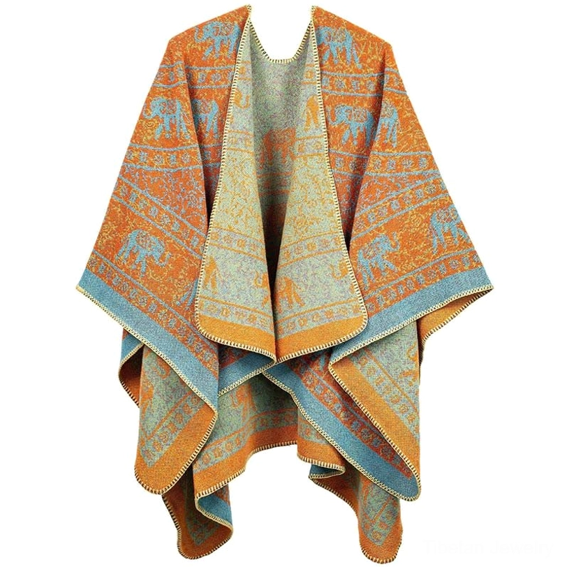 Dark orange Tibetan elephant jacquard shawl inspired by Buddhist monk robes, geometric wrap design