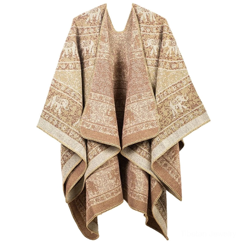 Khaki tan Tibetan elephant jacquard shawl with delicate geometric patterns, front hanging view