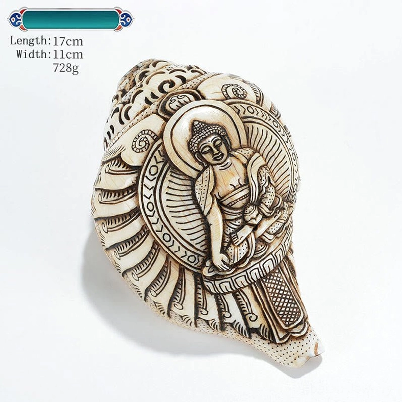 Natural cream-colored Tibetan conch shell with master artisan engraved Buddha figure and cloud patterns