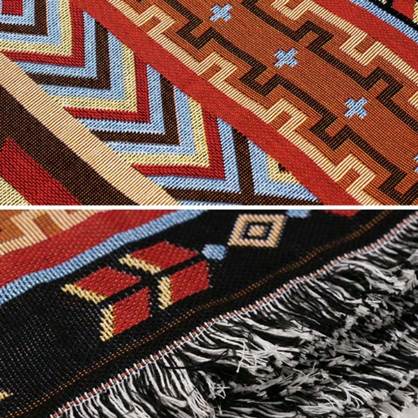 Tibetan ethnic blanket bohemian tribal pattern in warm browns and accent colors traditional textile art