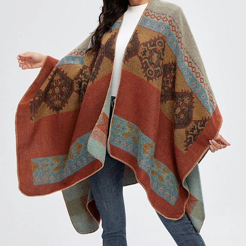 Tibetan ethnic cloak shawl styling idea draped over shoulders with casual winter outfit and bohemian accessories