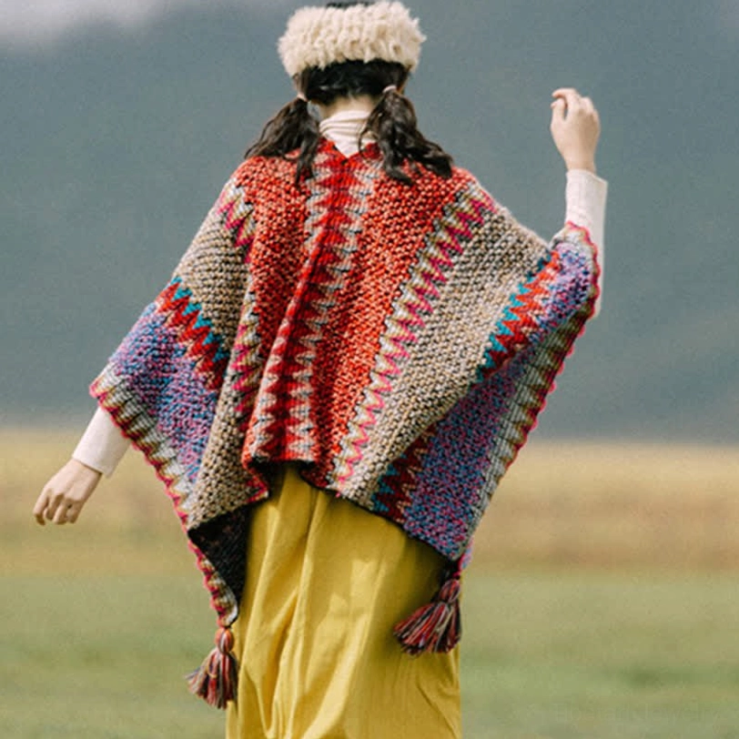 Red-dominant multi-color ethnic Tibetan tassel shawl poncho with oversized wrap design, full back view