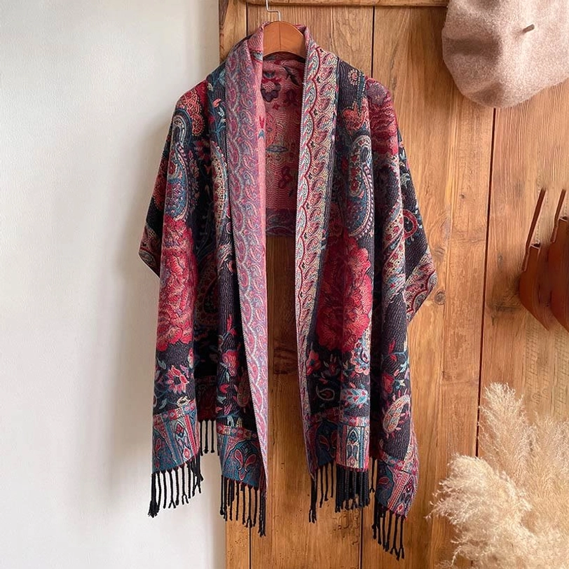 Tibetan ethnic shawl color variation detail, showcasing fabric quality and intricate floral weaving technique