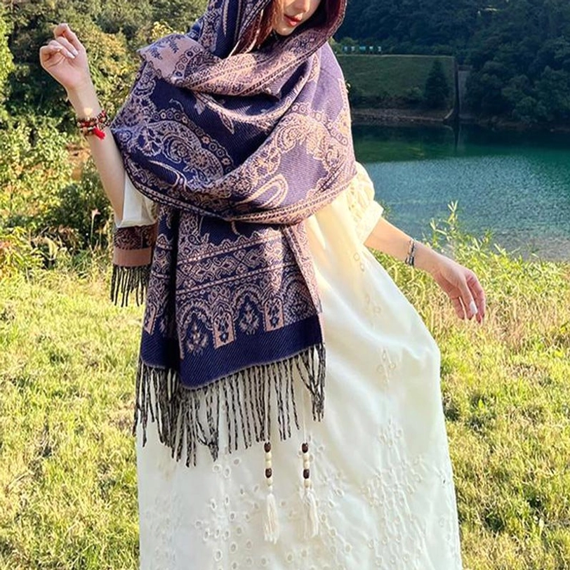 Tibetan botanical shawl full length display showing intricate traditional patterns and tassel fringe