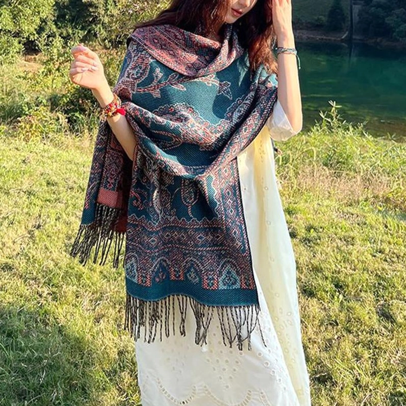 Tibetan botanical leaf shawl styled as gift presentation with elegant packaging