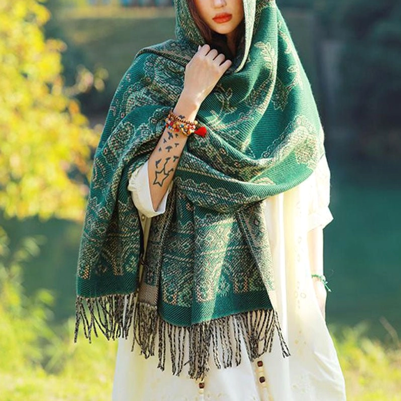 Tibetan leaf pattern shawl as home décor throw blanket on sofa