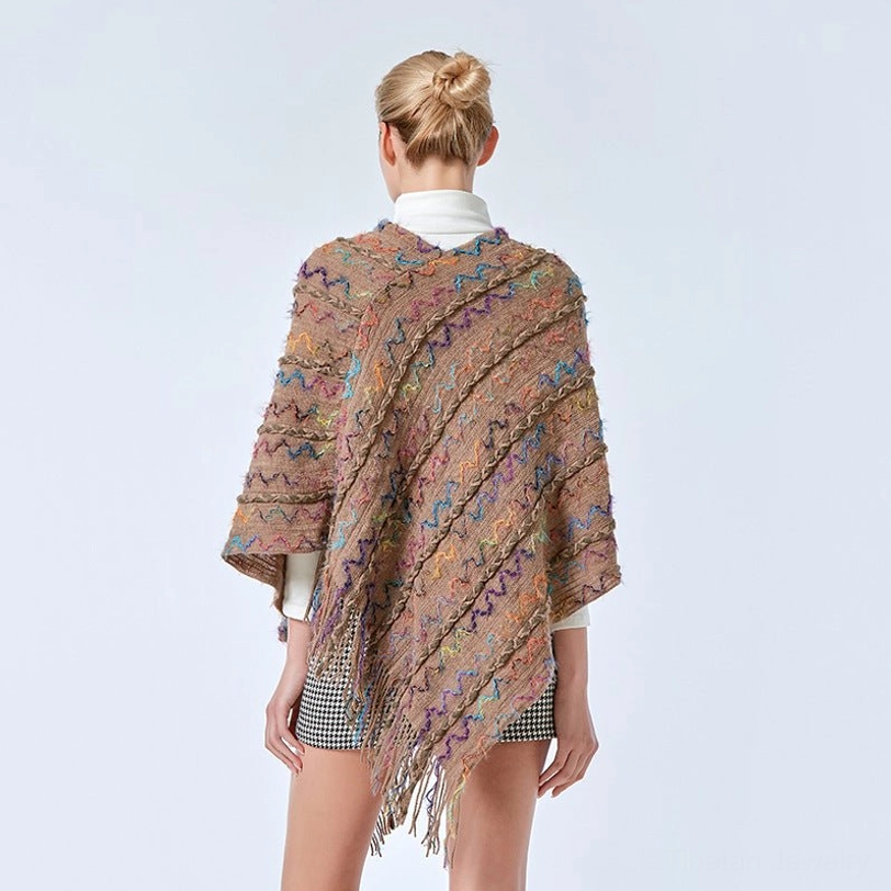 Tibetan ethnic striped shawl poncho showcasing intricate weaving craftsmanship