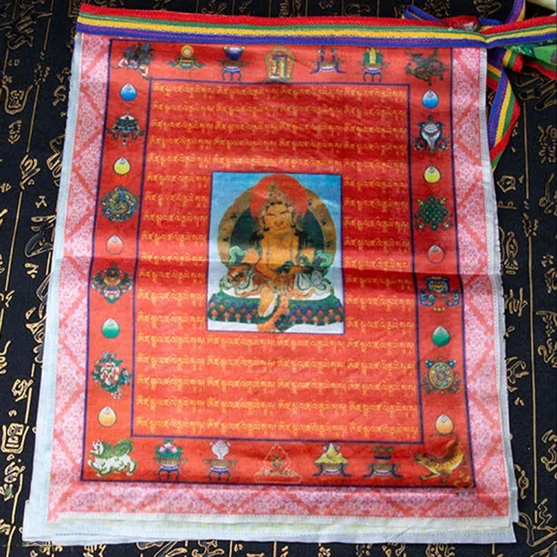Tibetan five-color prayer flag set showing all sacred elements - blue sky, white air, red fire, green water, yellow earth