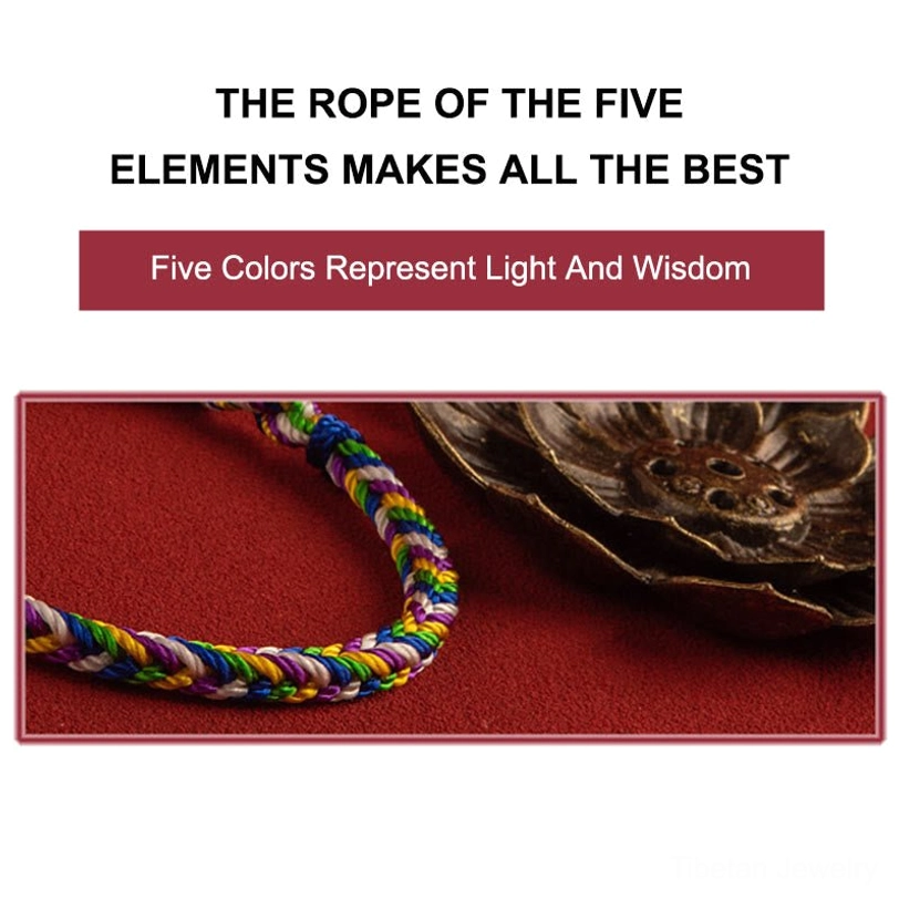 Five-element Tibetan bracelet promotional graphic with product text and woven rope inset