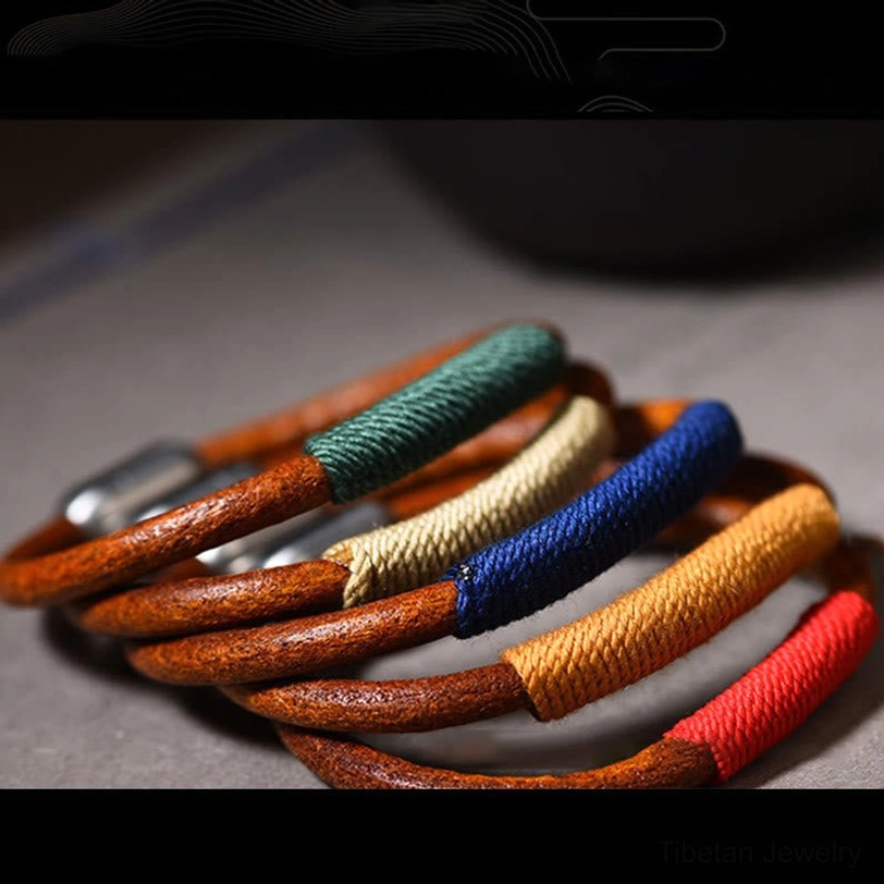 Handmade Tibetan five elements leather bracelet - artisan craftsmanship and material quality
