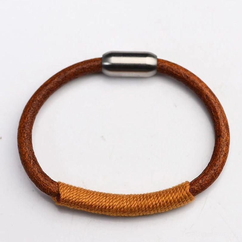 Handcrafted Tibetan five elements leather bracelet with titanium steel magnetic buckle - artisan close-up
