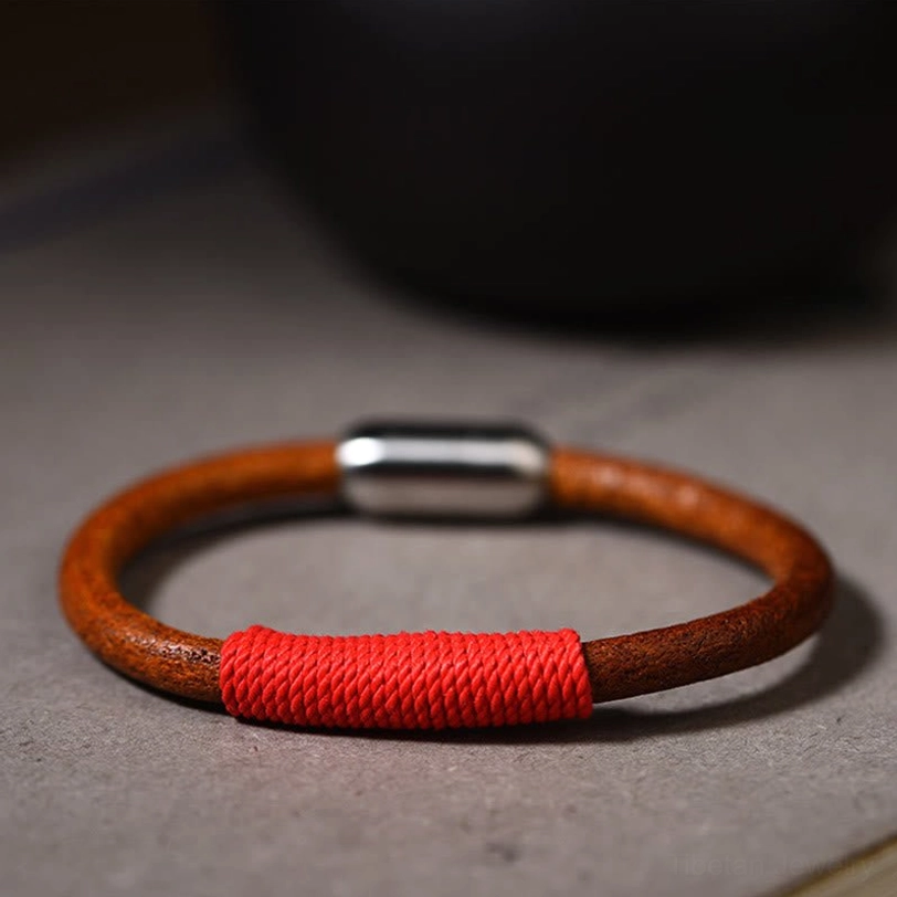 Tibetan five elements leather bracelet in red fire color - protective energy spiritual jewelry