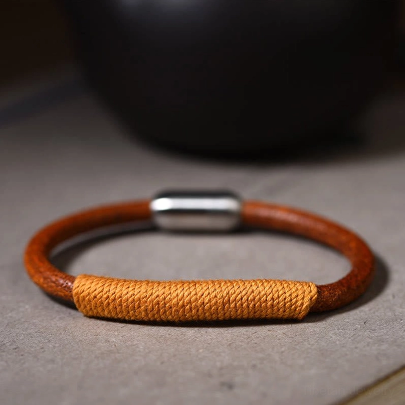 Tibetan five elements leather bracelet in yellow earth color - feng shui prosperity bracelet