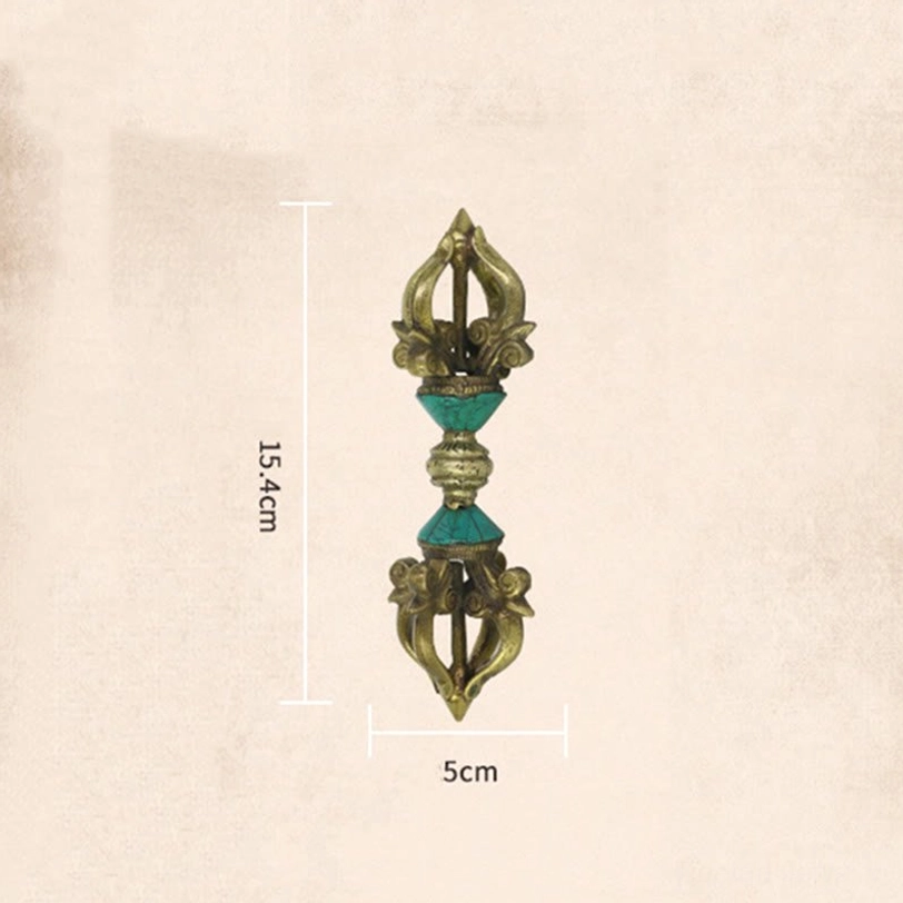 Full length orthographic view of Tibetan five-prong vajra dorje showing 15.4cm length measurement