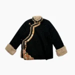 Tibetan fleece-lined winter top with ethnic slanted trim and black dotted outer fabric - front flat lay view showing Chinese knot buttons