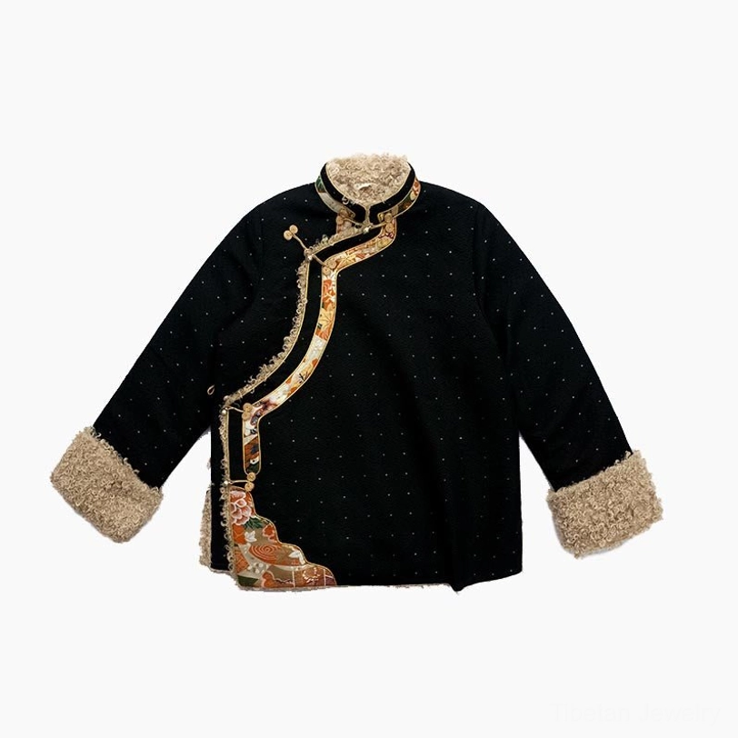 Tibetan fleece-lined winter top with ethnic slanted trim and black dotted outer fabric - front flat lay view showing Chinese knot buttons