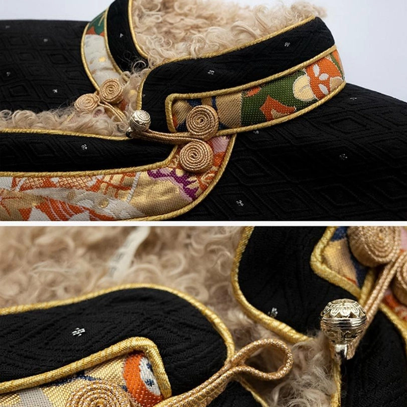 Full product view of Tibetan fleece-lined winter top displaying all design elements and color palette