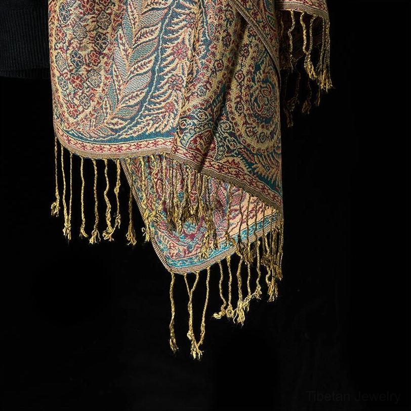 Tibetan floral jacquard shawl with traditional tassel fringe - premium handwoven textile for yoga and wellness