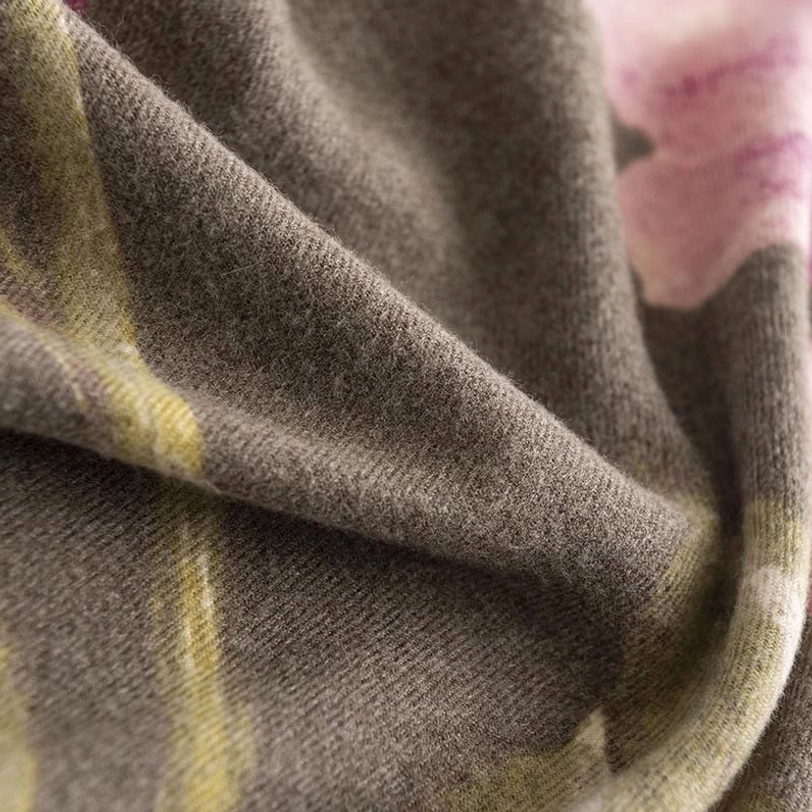 Premium Tibetan floral scarf drape showing soft cozy fabric perfect for travel and home use