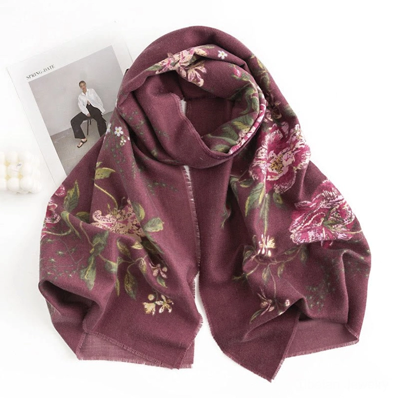 Medium violet red Tibetan floral print scarf showcasing rich jewel-tone botanical motifs and premium soft fabric quality